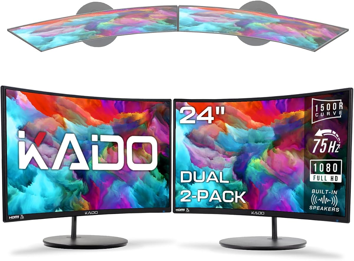 Kado Dual Monitor 2-Pack 24" Curvo 1500R 1920x1080 75Hz Monitor de computadora | Configuración de monitor dual HDMI Office Gaming Hybrid, VESA Montaje en pared Brazo Altavoces incorporados, Pantalla panorámica Multitarea