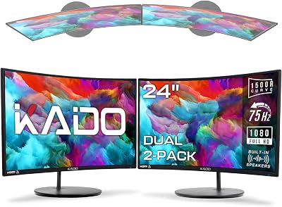 Kado Dual Monitor 2-Pack 24" Curved 1500R 1920x1080 75Hz Computer Monitor | Dual Monitor Setup HDMI Office Gaming Hybrid, VESA Wall Mount Arm Mount Built-in Speakers, Panoramic Display Multi-tasking
