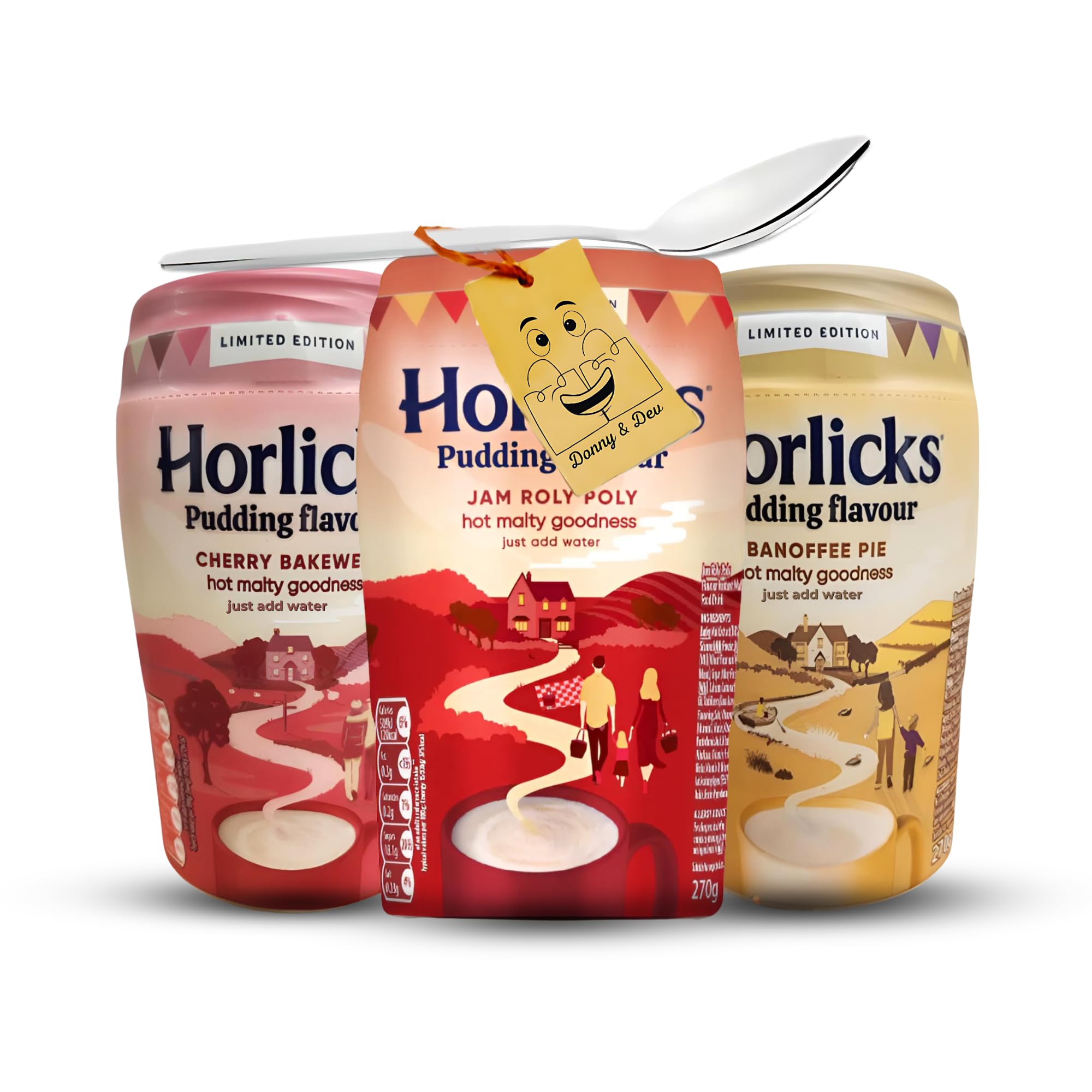 Instant Drink Bundle Which Includes: Horlicks Instant Malted Drinks Pudding Flavour (270g of each) 1x Jam 1x Cherry Bakewell 1x Banoffee Pie Malted Milk Powder & 1x Little Spoon by Donny & Dev