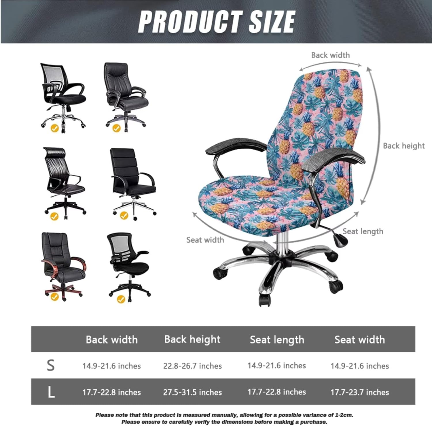 Pineapple Palm Leaf Print 3 PCS Office Chair Cover, Stretchable Desk Chair Seat Protector Modern Rotating Chair Slipcovers Spandex High Back Chair Slipcover with Elastic Bottom-L