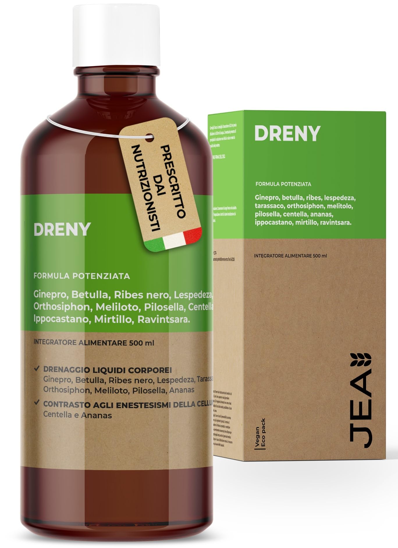 JEA DRENY Drenante Forte Anticellulite con 13 Estratti Naturali ad Alto Dosaggio al Sapore di Thè alla Pesca - Detox da 500ml per Gambe e Corpo