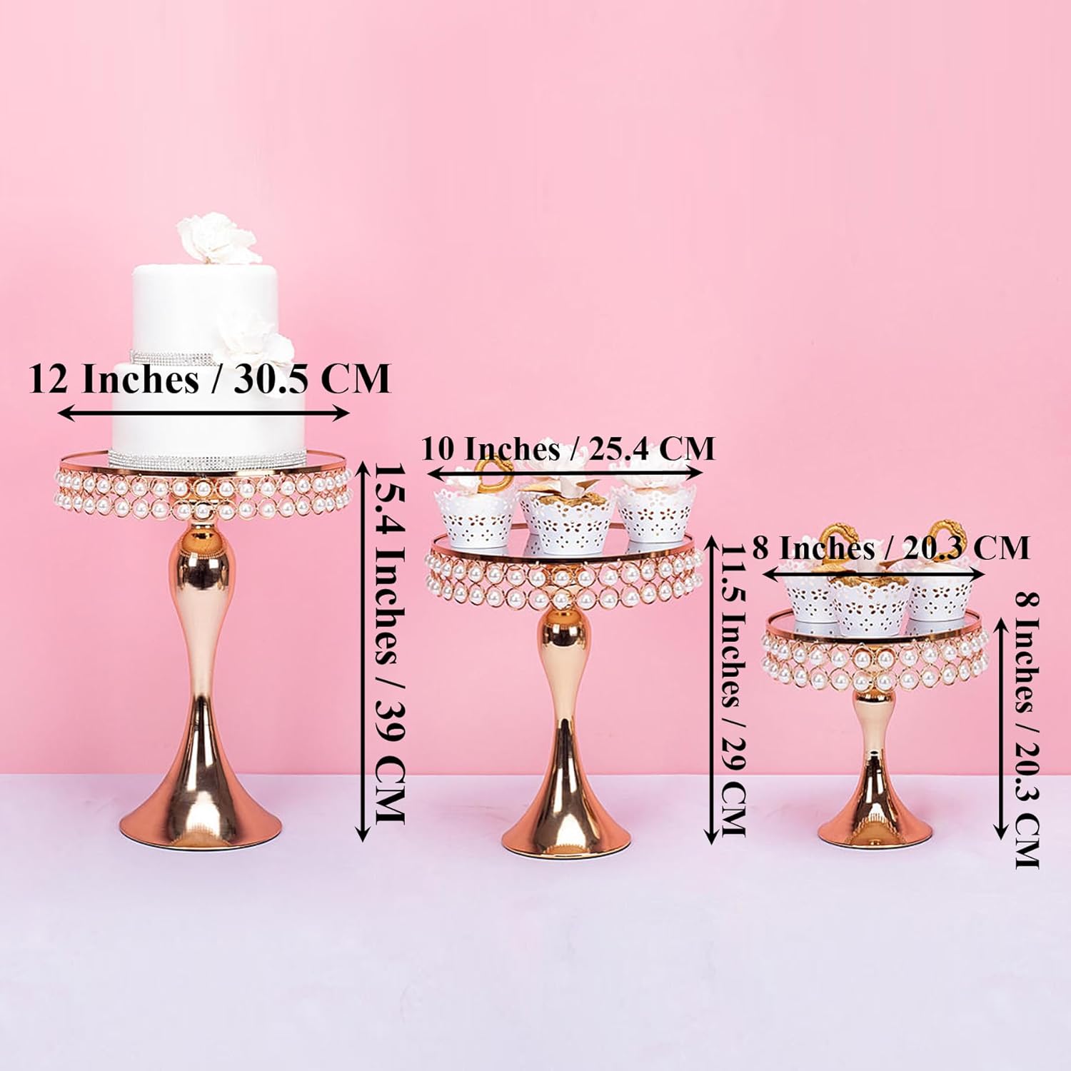 3 pcs Rose Gold Round Mirror Cake Cupcake Stands Metal Pedestal Holder with Pearls, Party Dessert Cheese Display Plates for Wedding Party Birthday Baby Shower Home Celebration Decor - 8", 10" and 12"