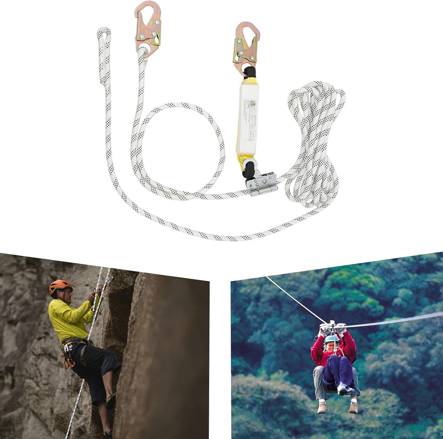 Illustrations of various applications including climbing and zip-lining, demonstrating versatility