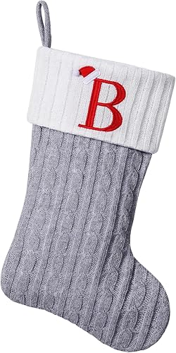 Medias de Navidad con monograma de punto gris de 19.5 pulgadas. Calcetines de Navidad con inicial personalizadas, decoración de fiesta de Navidad
