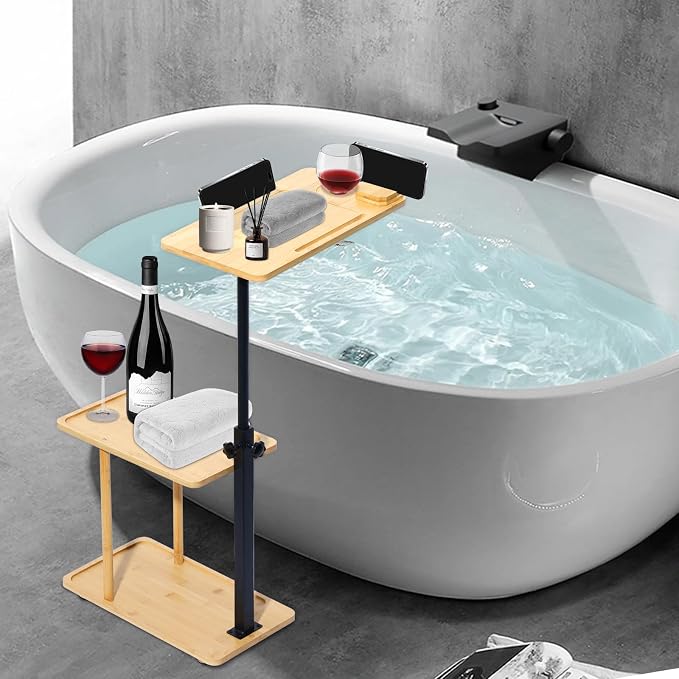 3 Layer Bath Tub Tray Table Liftable Freestanding Bamboo Bath