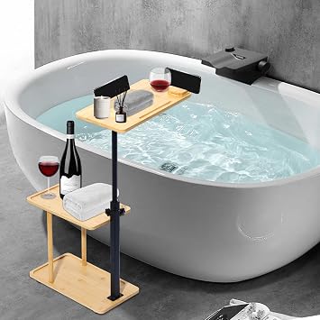 3 Layer Bath Tub Tray Table Liftable Freestanding Bamboo Bath Tray Caddy for Tub Against Wall Shelf Bathroom Organizer Shelf for Luxury Spa Square