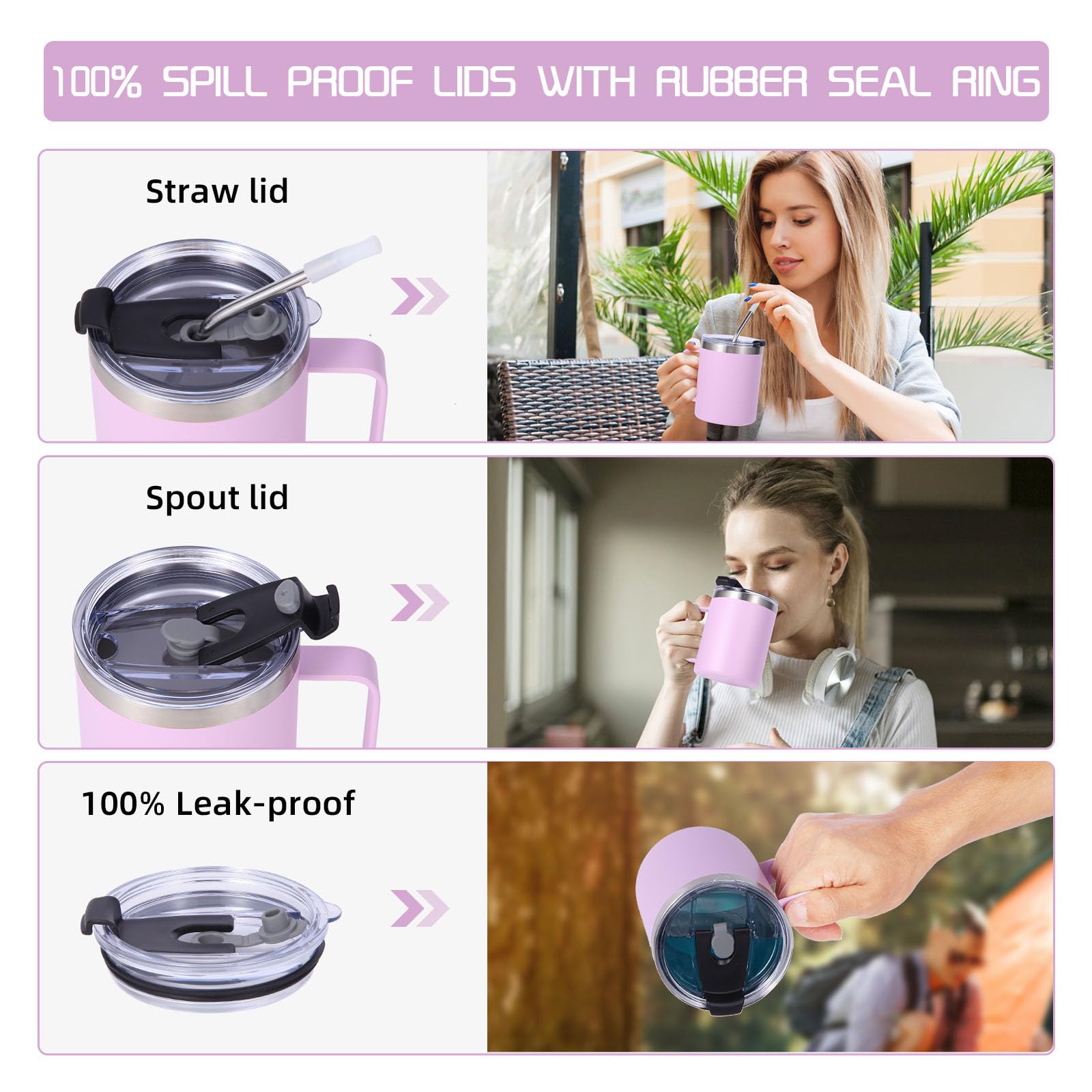 Volhoply 12oz Insulated Leakproof Coffee Mug with Sliding & Straw Lid,Double Wall Vacuum Stainless Steel Travel Cafe Tumbler Cup with Handle,Reusable Camping Mugs Keep Cold/Hot(Purple,1 Set) - Image 4