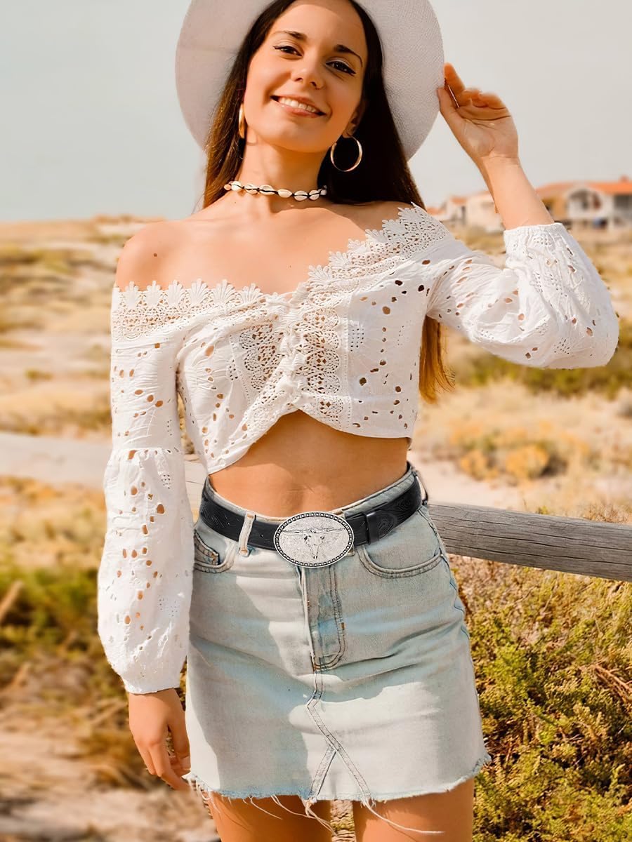 SANSTHS Western Belt Cowboy Belts for Men Women, Western Leather Belts Bull Buckle Belt Embossed Leather Belt for Jeans - Image 5