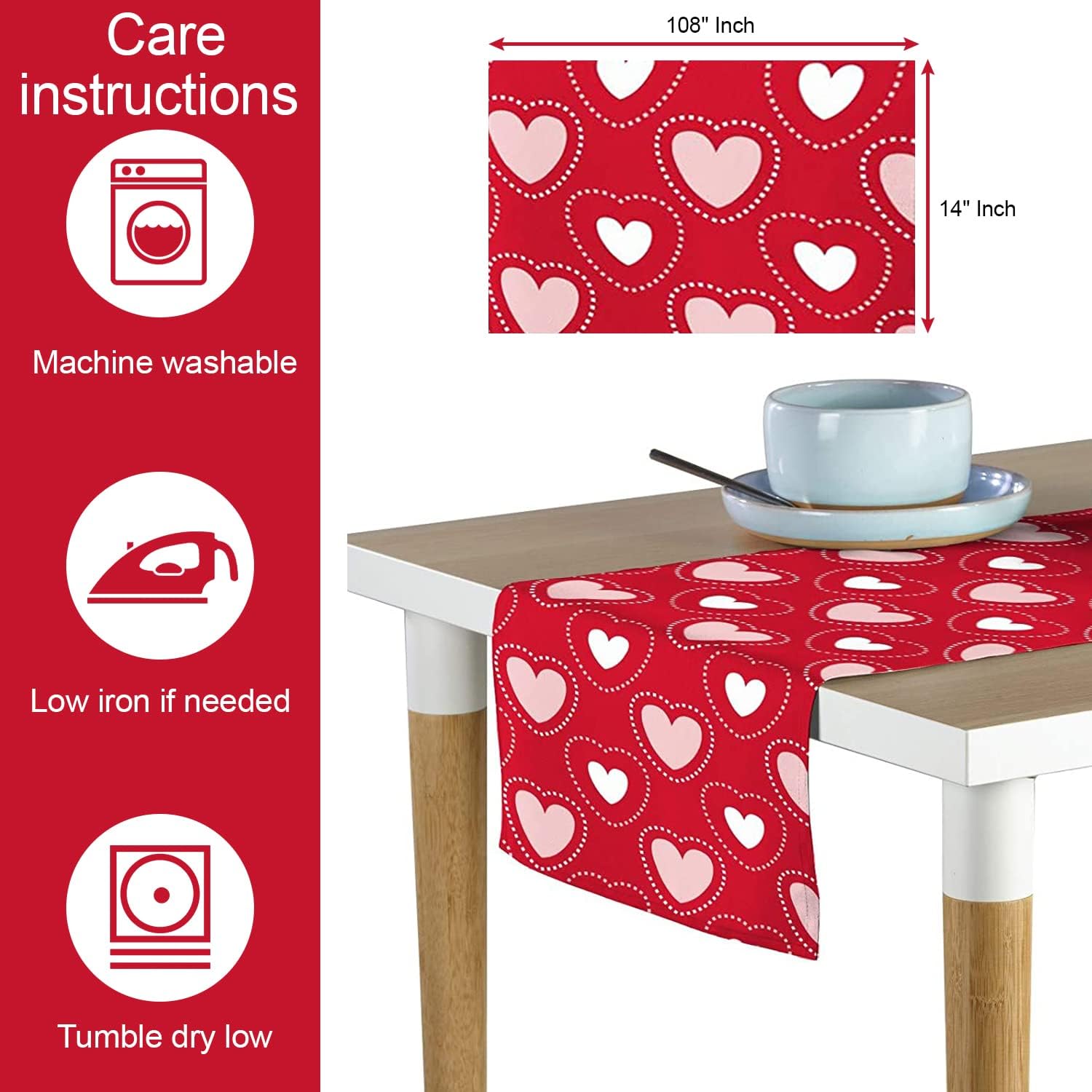 Hearts in Stitches Red Table Runner - Red Love Heart Valentine’s Day Tabletop Cloth - Table Decoration for Wedding, Home, Kitchen, Dining Room & Parties - 14 x 108 in