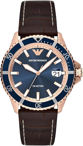 Emporio Armani Mens Three-Hand Date Brown Leather Band Watch Model AR11556