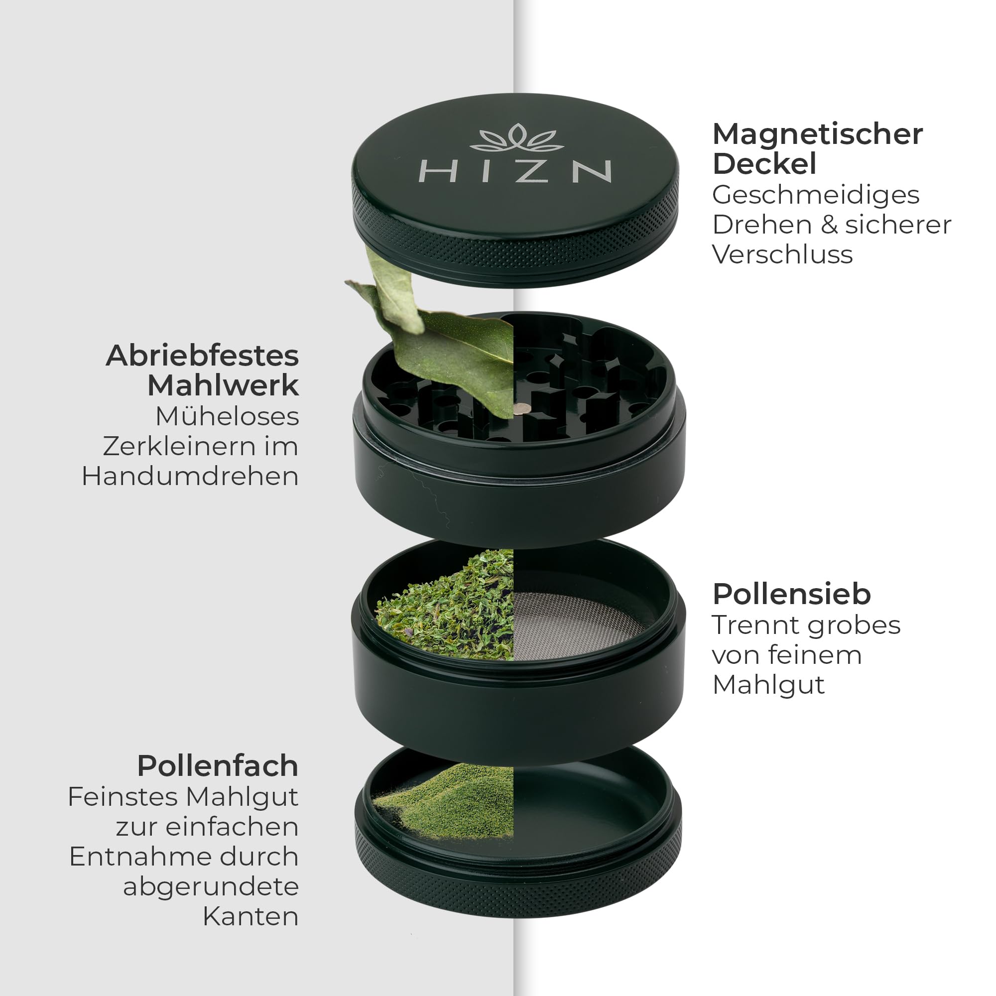 Grinder in ceramica | Ø 63 mm | 4 pezzi | antiaderente grazie al rivestimento in nanoceramica | con sacchetto, raschietto per polline, pennello e boccaglio (verde mezzanotte)