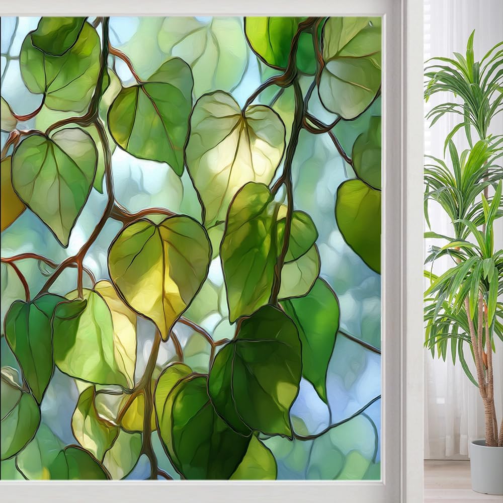 Modern Leaves Stained Glass Window Film, Rustic Heart Plants Peel and Stick Privacy Film, Frosted Adhesive Vinyl Decorative for Bathroom Windows Glass Doors, 21.6Wx31.5L inch