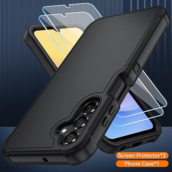 Case for Samsung Galaxy A15 5G Case with HD Screen Protector [3 Layer] Heavy-Duty Tough Rugged Shockproof Protective Phone Case for Samsung A15 5G, Black/Black