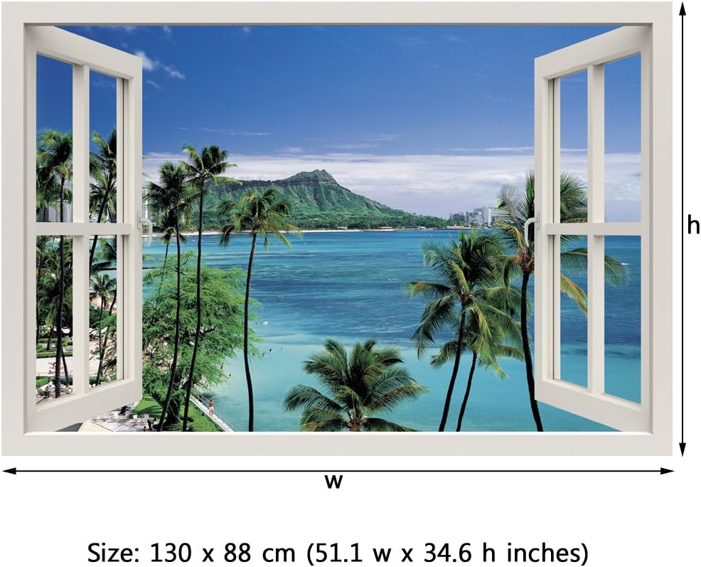 RoyalWallSkins Window Frame Mural at The Seashore - Huge Size - Peel and Stick Fabric Illusion 3D Wall Decal Photo Sticker