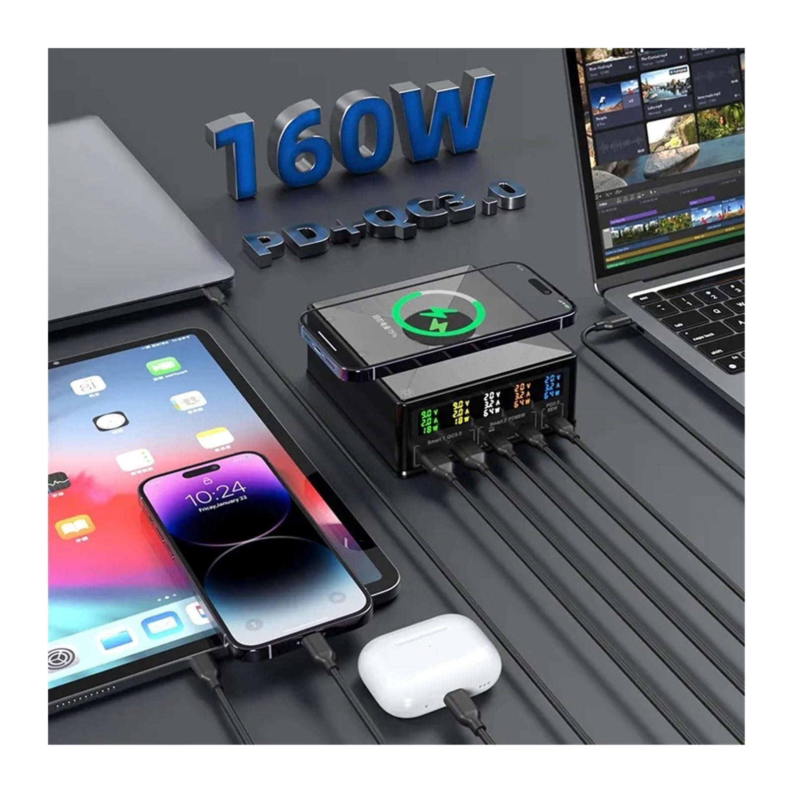 Caricatore USB Multiplo, Hub USB da 160 W a 5 Porte con Caricabatterie Wireless da 15 W, Display LCD, Caricatore rapido USB-C QC3.0 PD 65 W, Ricarica Sicura