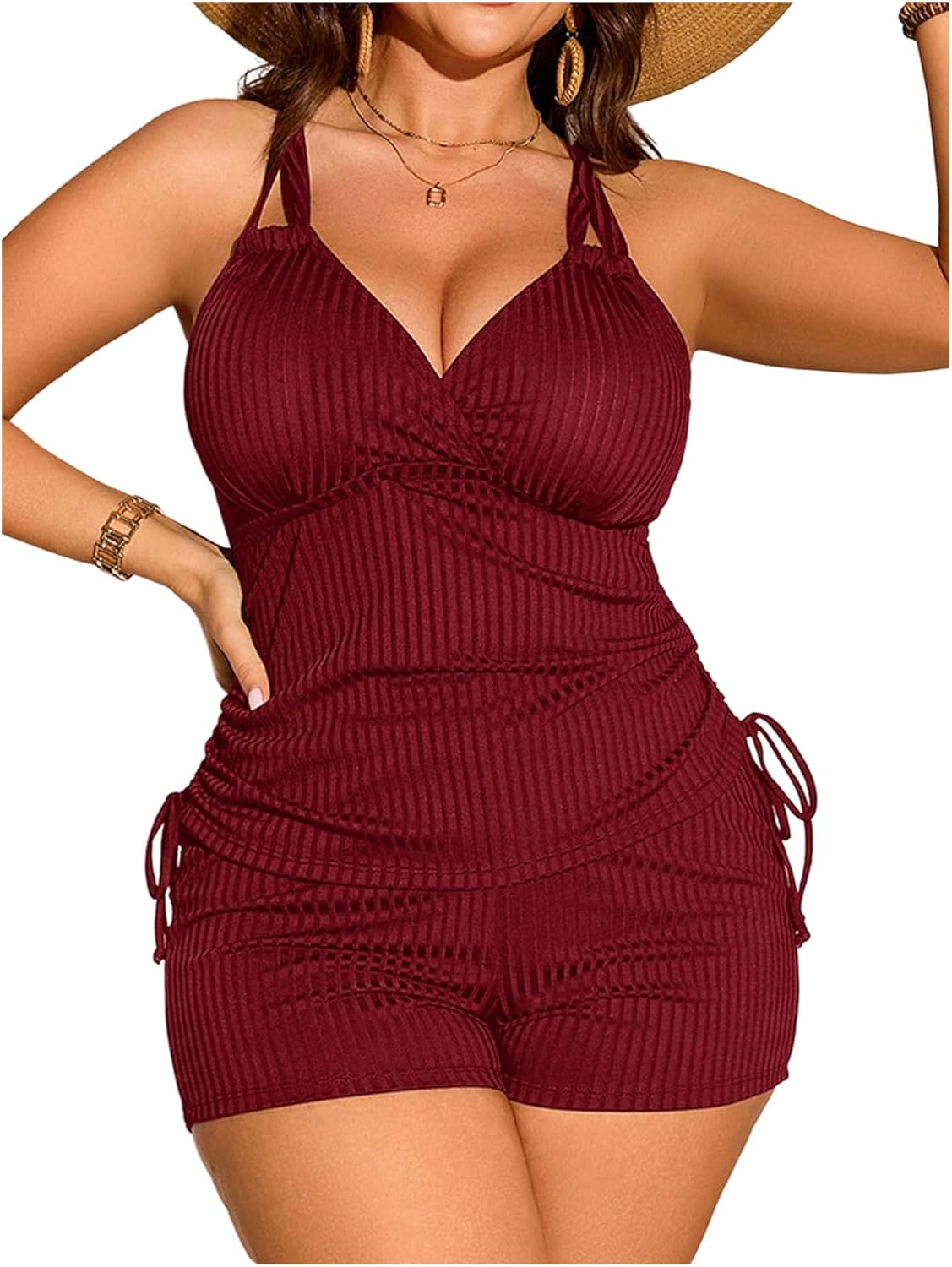 BEAUDRM Women's 2 Piece Plus Size Tankini Set Ribbed Knit Halter Tankini High Waisted Shorts Bathing Suit