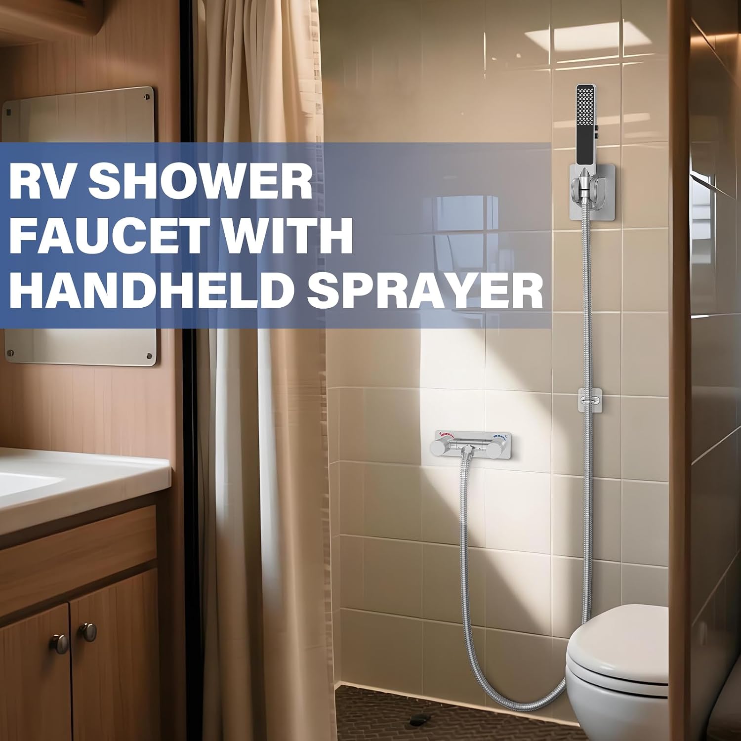 RV Shower Faucet with Hose and shower Head, All Metal Camper Shower Faucet, Outside Shower Valve RV Shower Head for RV, Motorhome, Camper (Brushed Nickel)