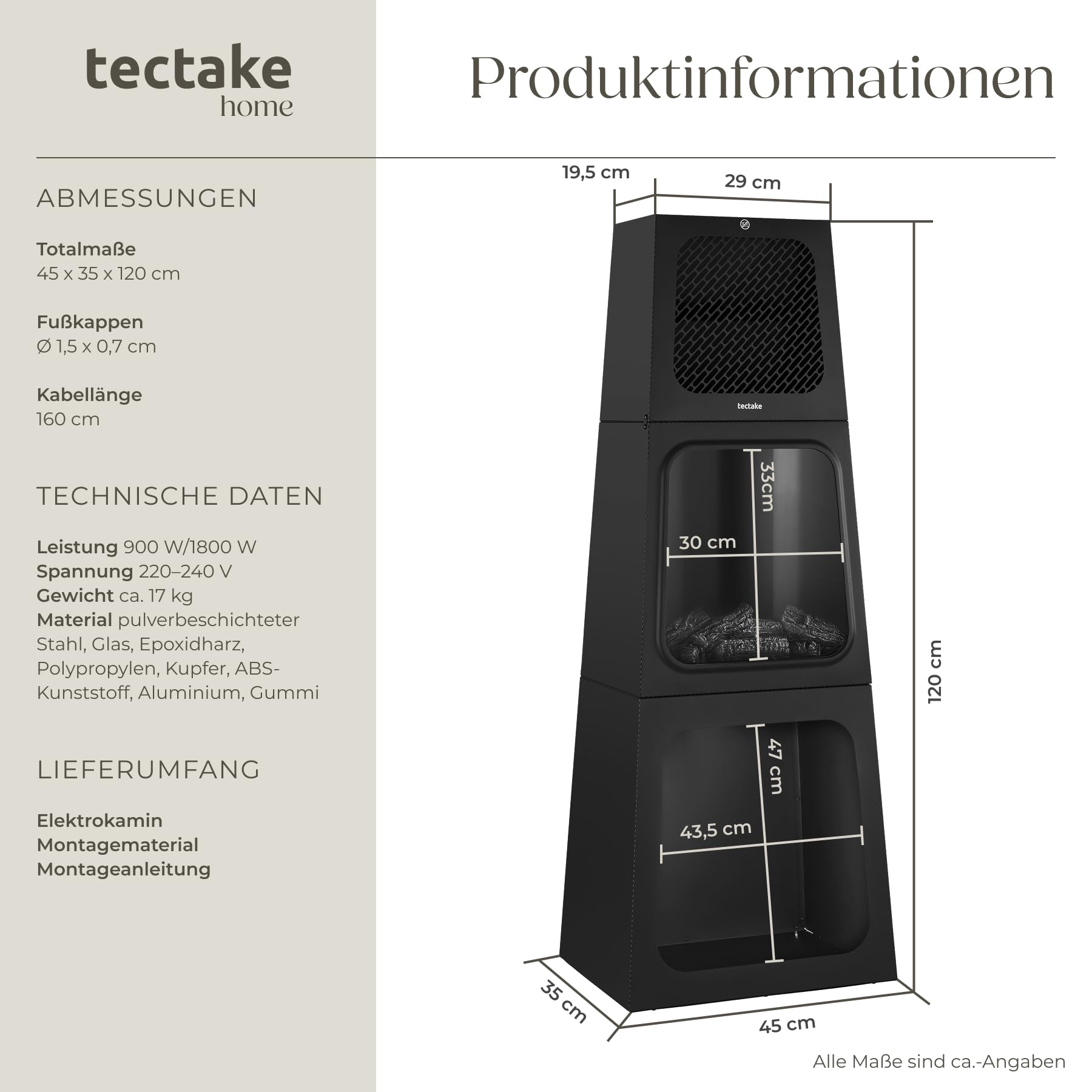 tectake® Elektrokamin mit Kaminfeuer Effekt, elektrischer Kamin mit Heizlüfter, Elektro Kamin, 2 Heizstufen 900W/1800W, Kamin mit 3D-Flammeneffekt, integriertes Thermostat, Überhitzungsschutz, schwarz