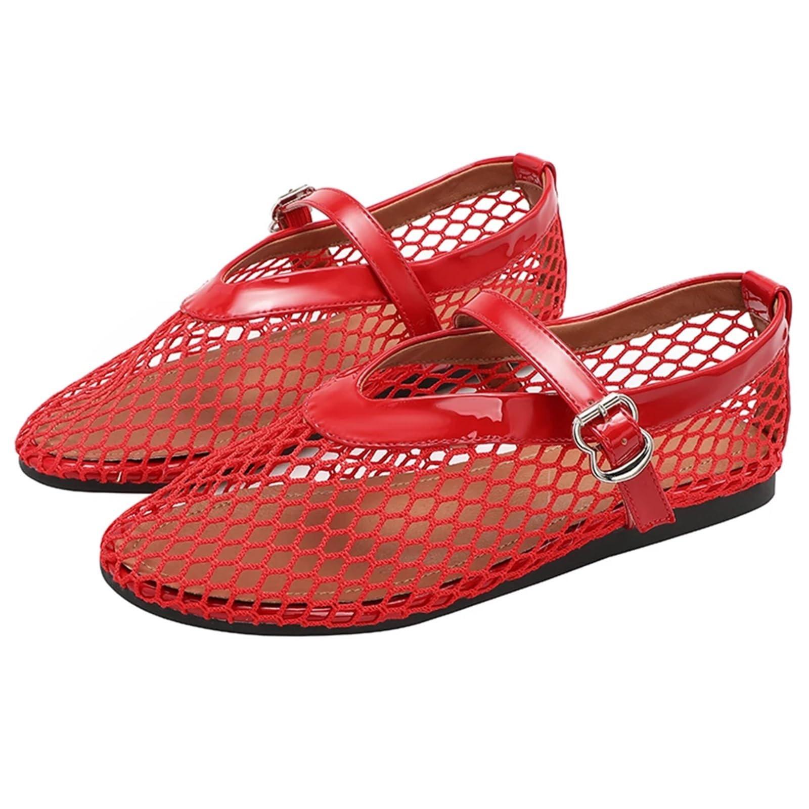 Mesh-Ballerinas mit verstellbarem Schnallenriemen, Flache Fischnetz-Sandalen, atmungsaktiv, for Damen, lässig, Büro Für Damen