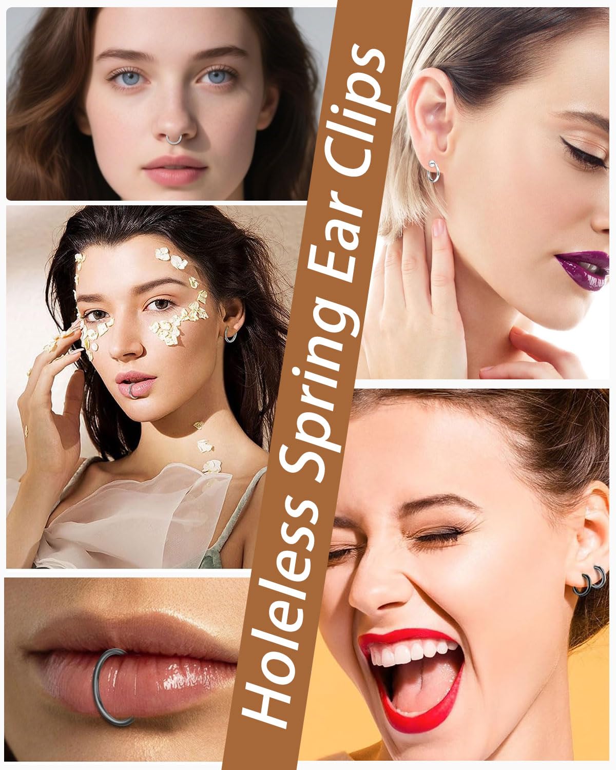 Set di 4 paia orecchini finti senza buco in acciaio inossidabile, Orecchini clip, cerchio, anello ear cuff, per creare un look moderno e senza piercing, Con borsa portaoggetti, Argento/Nero