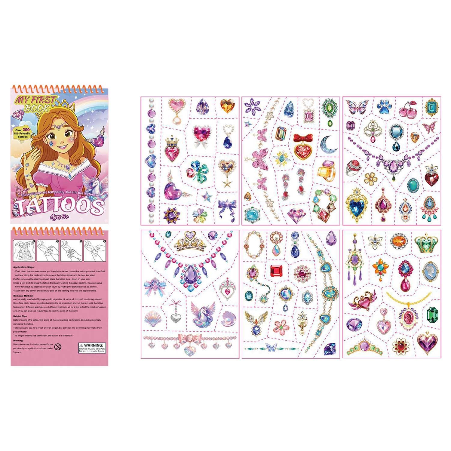 ZoiKoi 6PCS Gemstone Princess Tattoo Sticker Book - Cartoon Temporary Tattoos Bundle for Birthday Parties Celebrations Party Favors Gifts DIY Decoration Fun Activities (Gemstone Princess)