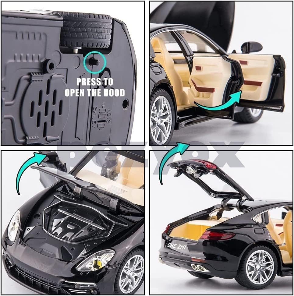 Image of PEZYOX 1:24 Porsche Panamera Diecast Metal Pullback Openable Doors Toy Cars with Flashing Light and Musical Sound for Gifts Toys for Kid (Black)