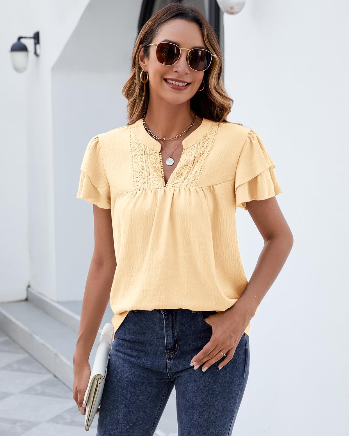 HEYTALALA Womens Summer Tops Dressy Casual Ruffle Short Sleeve V Neck Shirts Business Work Blouses 2025 Trendy - Image 6