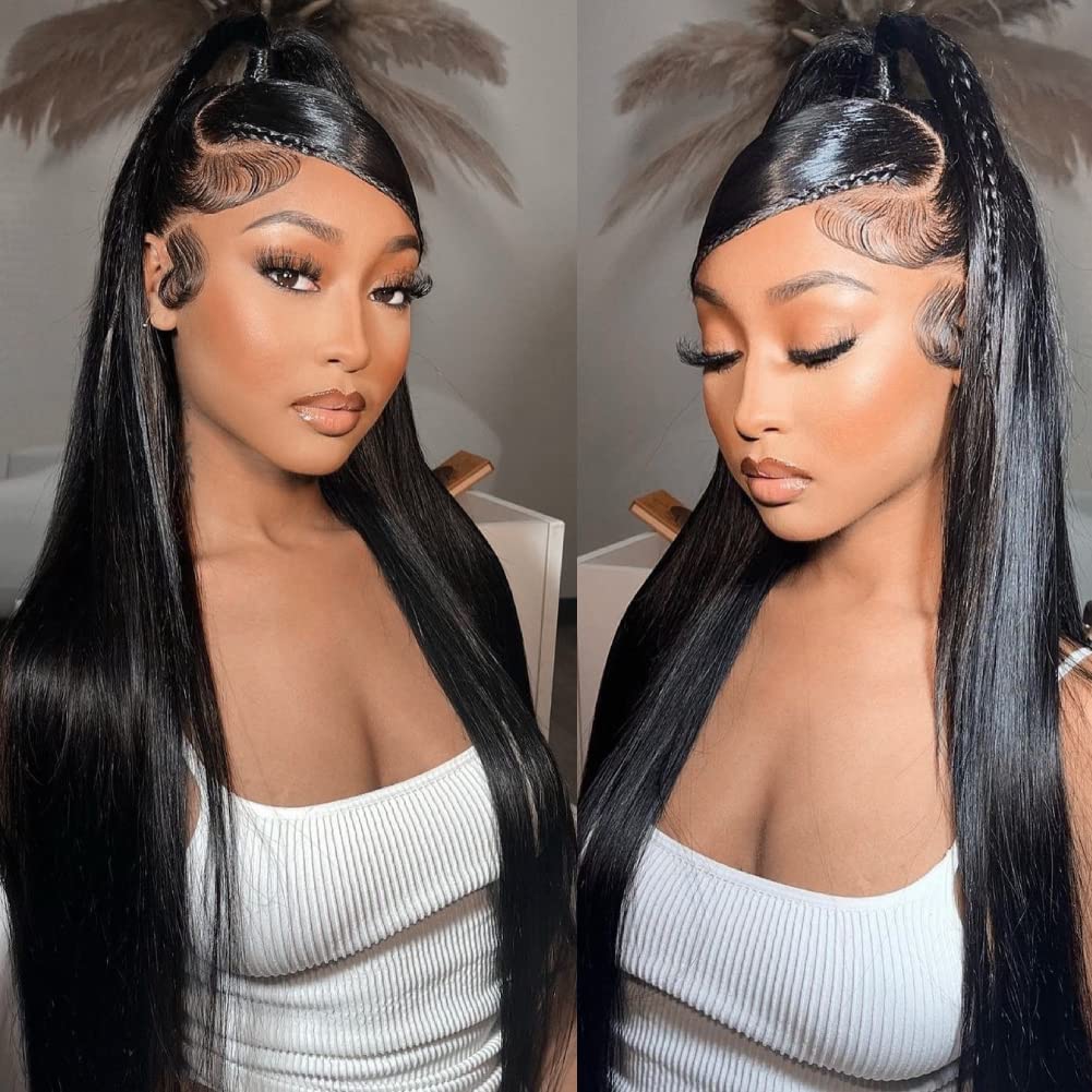 Ossilee 30 Inch Straight Lace Front Wigs Human Hair Pre Plucked 180% Density 13x4 HD Transparent Lace Frontal Wigs for Black Women Glueless 10A Brazilian Virgin Human Hair Wig Natrual Hairline
