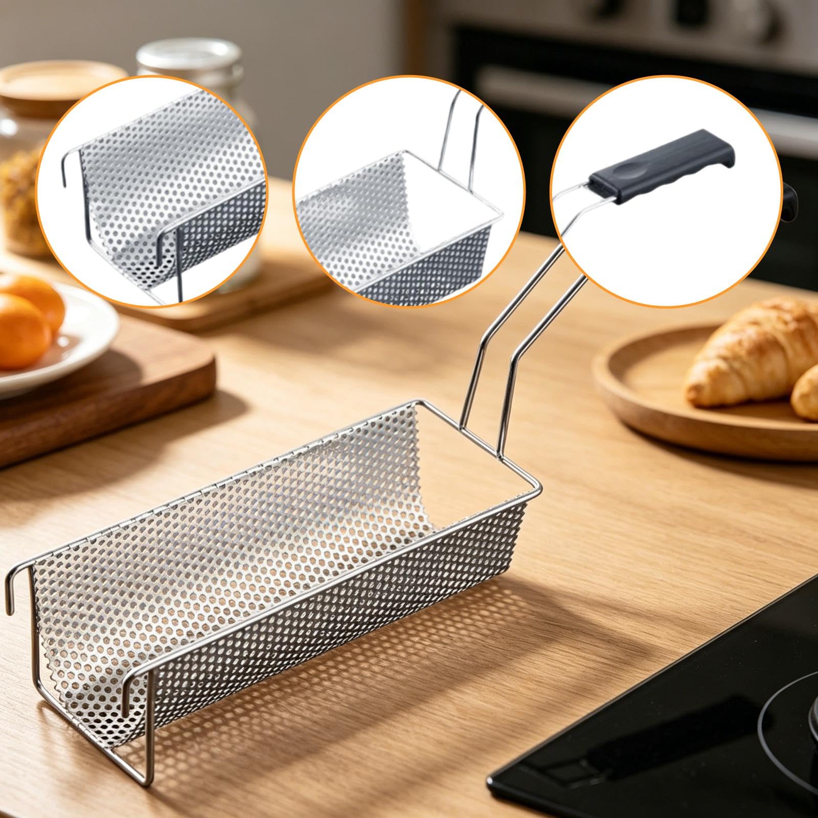 per Frittura in Acciaio Inox con Manico Resistente Patatine Croccanti Colino da Cucina per Snack Supporto Friggere Alimenti