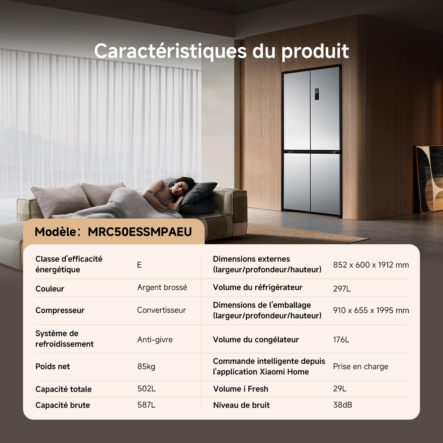 XIAOMI Mijia Réfrigérateur Multi-portes 502L, No Frost, Zone convertible i Fresh, Ag⁺ Antibactérien, Dual Inverter, Contrôle Intelligent, Faible Niveau Sonore, Argent, W852×D600×H1912 mm