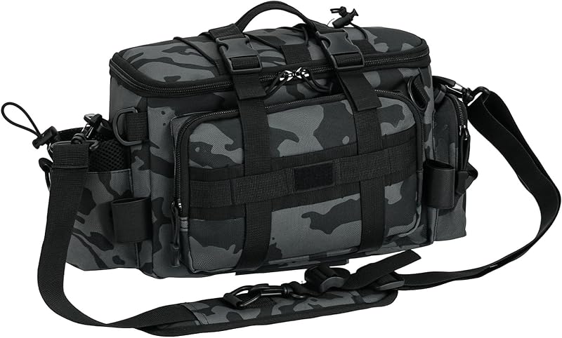 Yaskyly Sac de Peche, Camouflage Épaule Sac Peche avec Ceinture, bandoulière, Sangle de Tige Multi-Poches Grande capacité Pêche Stockage pour pêche aux leurres mer Eau Douce