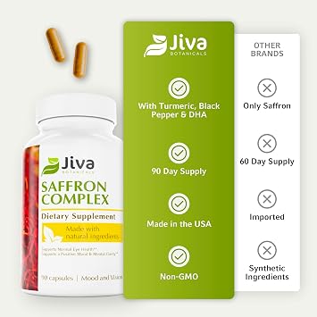 Jiva Saffron Supplements - Pure Saffron Extract Capsules 88.5 mg with Turmeric & Black Pepper Supplement - Support Normal Eye Health, Mental Clarity, Mood Balance for Women & Men - 90 Count