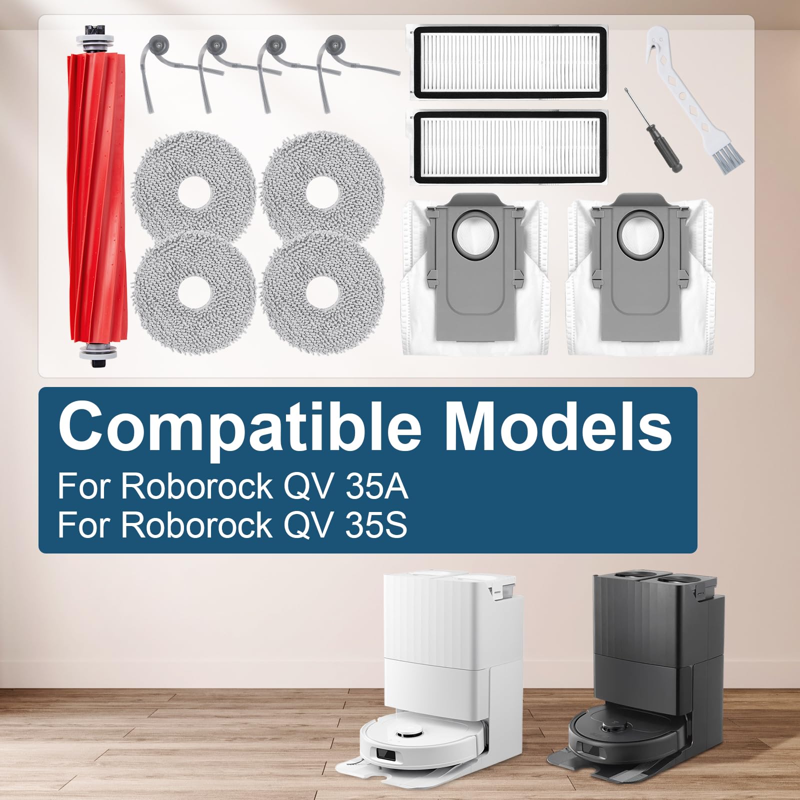 APZOVO Ricambio Accessori per Roborock QV 35A / QV 35S, 2 Spazzola Principale, 4 HEPA Filtro, 6 Spazzola Laterale, 6 Sacchetti di Polvere, 6 Panno