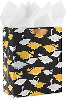 Hallmark 9" Medium Graduation Gift Bag with Tissue Paper (Gold and Silver Mortarboards on Black) for College, High School, 8th Grade, Kindergarten, Nurses
