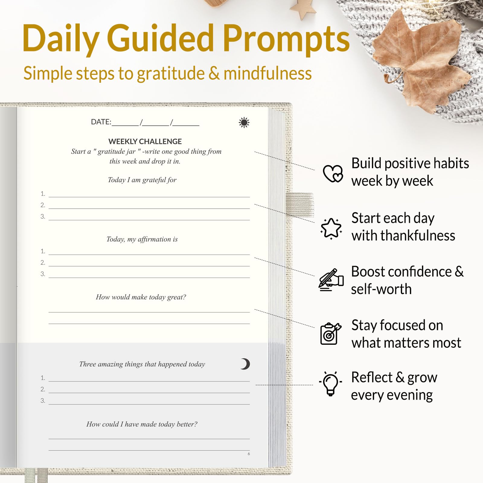SUNEE Diario giornaliero della gratitudine, semplice diario di 5 minuti per la riflessione quotidiana, costruire positività e consapevolezza, planner minimalista senza data per donne e uomini (beige)