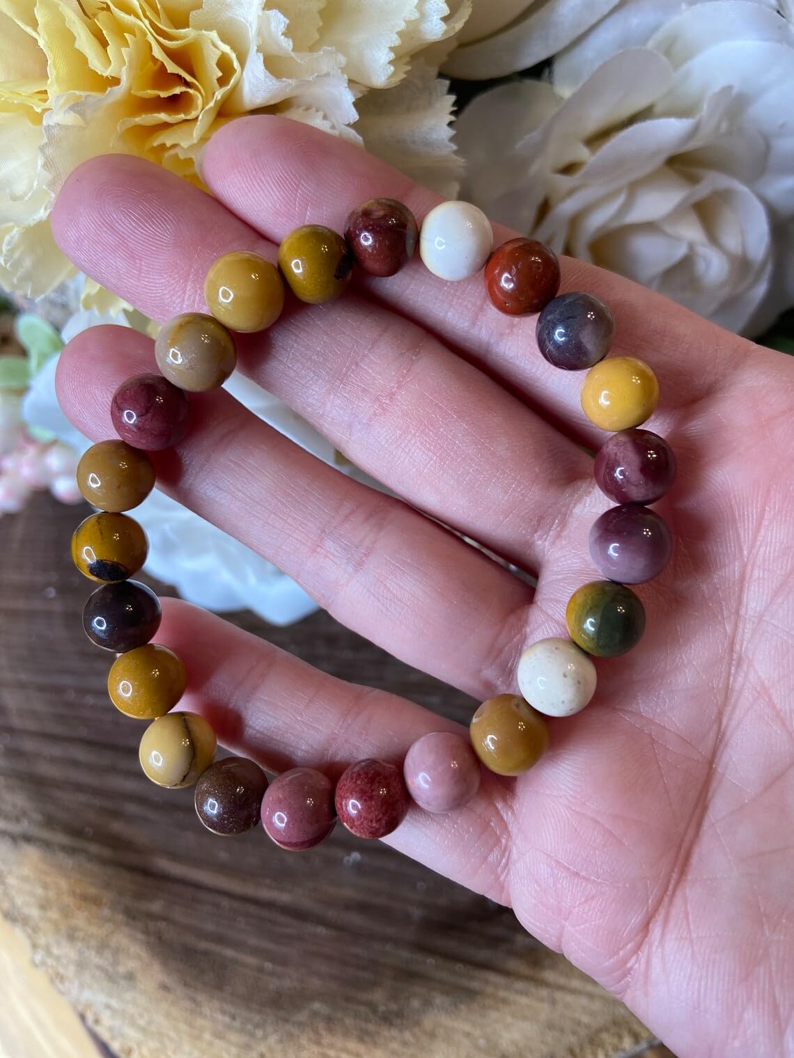 Mookite - Braccialetto in stile bohémien, realizzato a mano, con pietre semipreziose naturali da 10 mm, con perline rotonde lisce da 10 mm, braccialetto regolabile per meditazione spirituale, unisex,