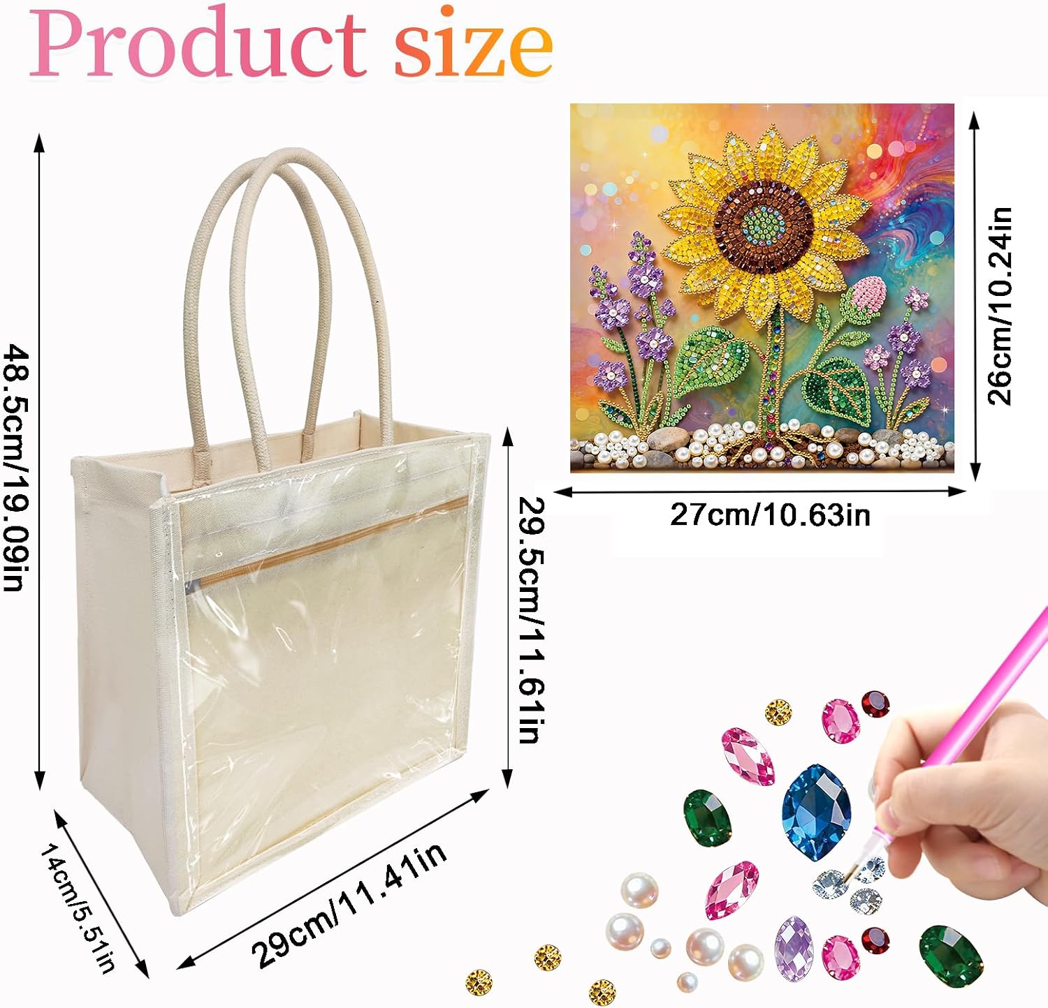Xylzzuit DIY Pearl Painting Canvas Tote Bag Kit 11.42IN Diamond Art Handbag for Women Shopping Grocery Bag Dots Beads Art Craft Gift (Sunflower)