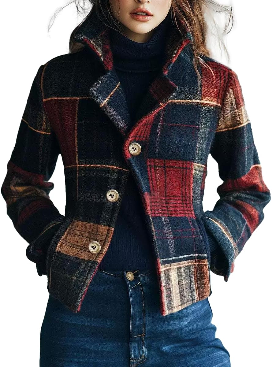 THLAI Womens Plaid Retro Warm Blazer Stand Collar Color-Block & Button Detail Casual Coat Fall Outerwear