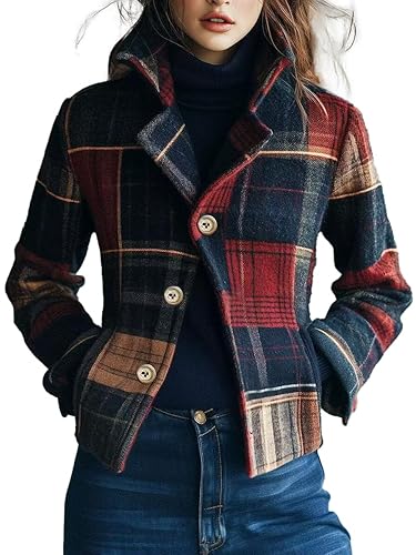 THLAI Womens Plaid Retro Warm Blazer Stand Collar Color-Block &