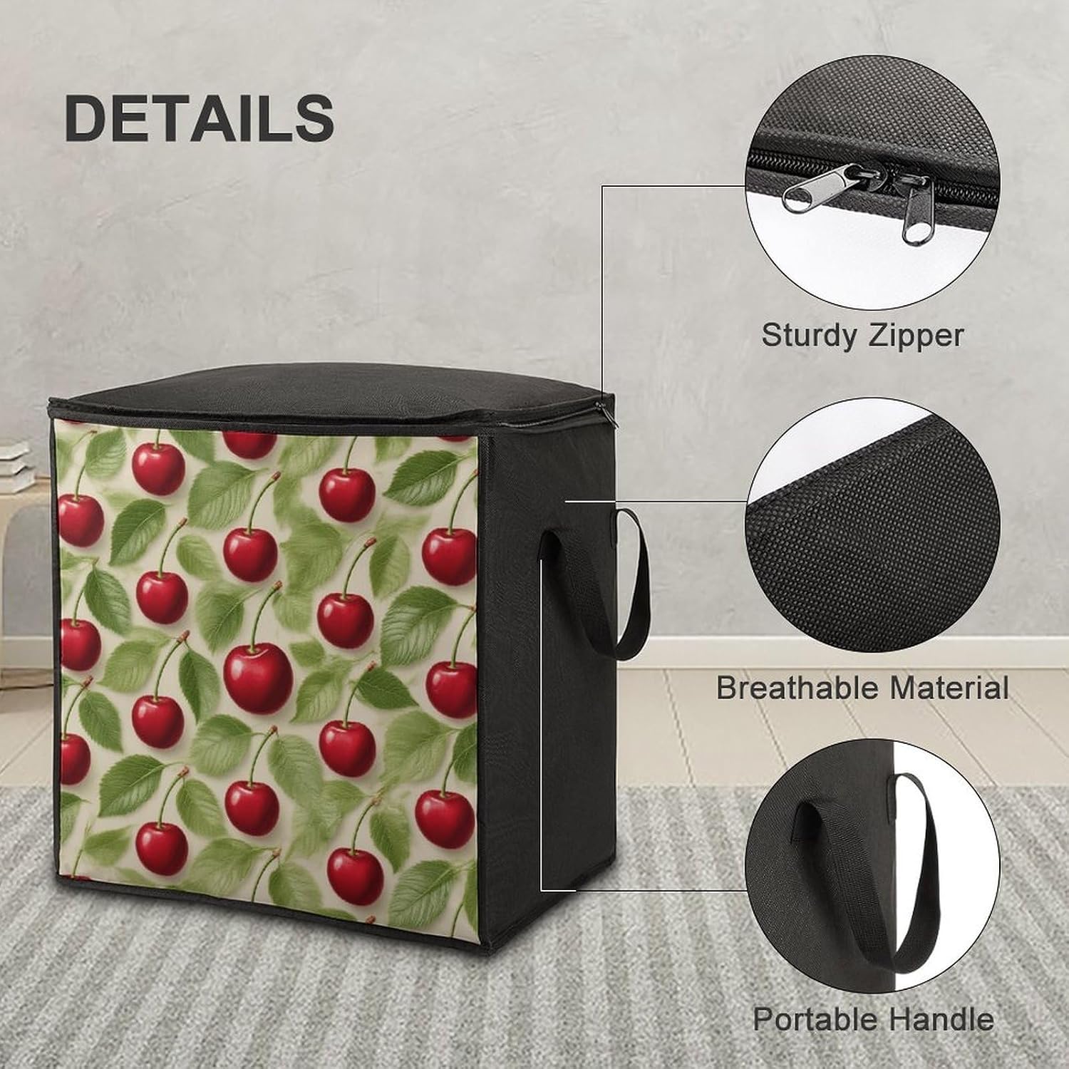 Red Cherry Pattern Storage Bag with Zippers And Handle Extra Large Bedding Comforter Storage Bag Foldable Blanket Storage Bags Fabric Moving Bags for Closet Organizer (70L)