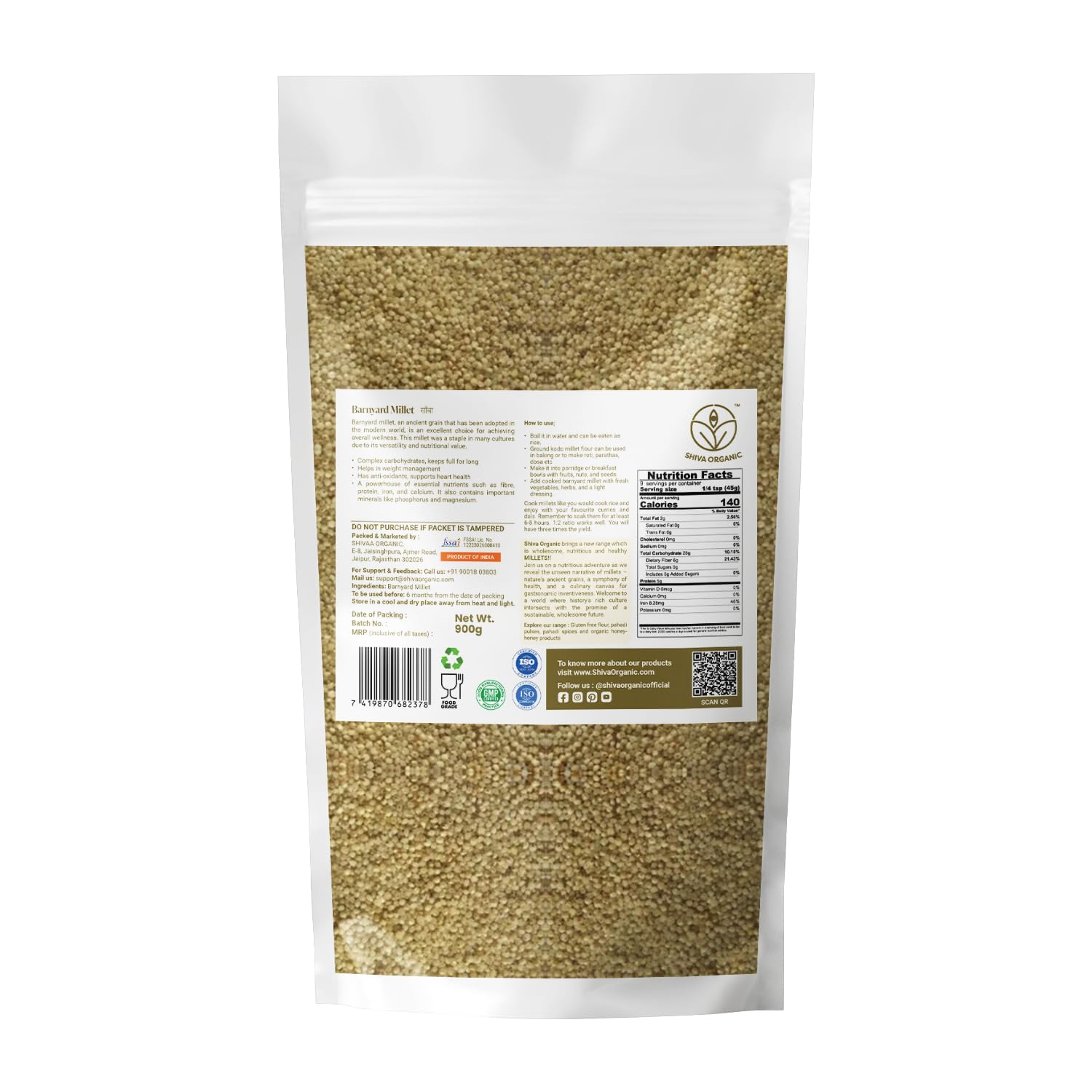 Shiva Organic Barnyard Millet - 900g | Himalayan Jhangora | Unpolished | High Protein, Gluten-Free | Low-Calorie, Low GI | Sourced from Uttarakhand