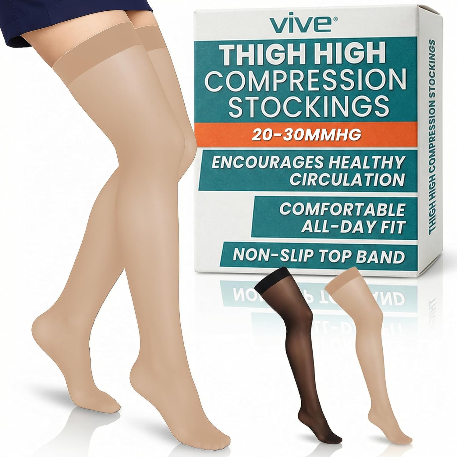 Vive Thigh High Compression Stockings for Women & Men - 20-30 mmHg Graduated Support Hose - Opaque Closed Toe Compression Tights - Stockings for Varicose Veins, Swelling, Edema, & Improved Circulation