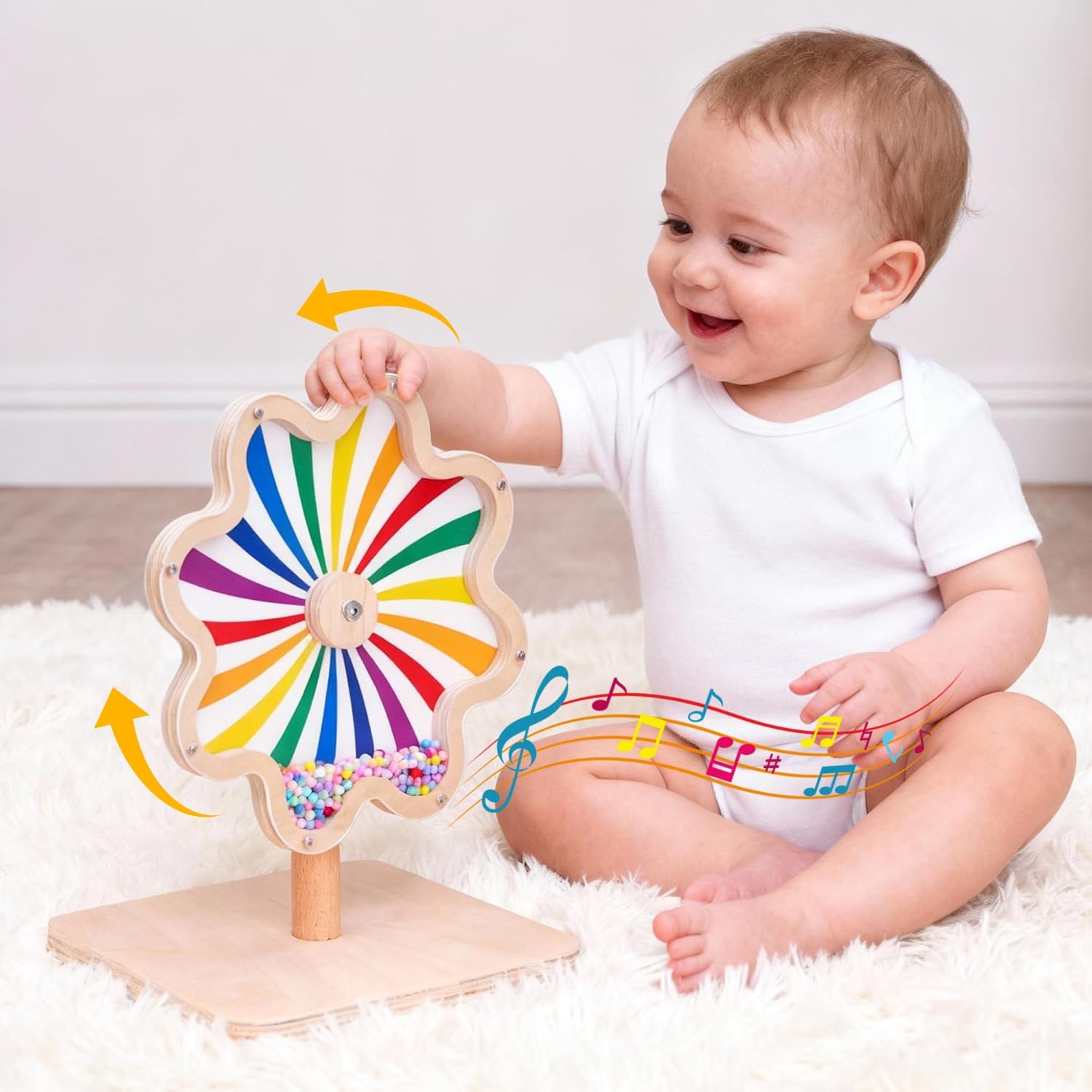 Spinning Activity Drum Toy with Sound, Montessori Wooden Sensory Toy for Babies, Perfect Birthday & Party Gift for 6-18 Months+