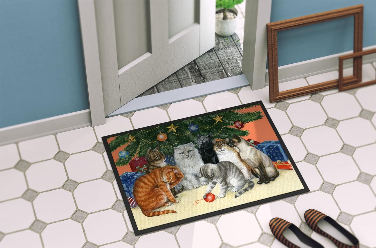 Caroline's Treasures BDBA0345MAT Cats Under The Christmas Tree Doormat 18x27 Front Door Mat Indoor Outdoor Rugs for Entryway, Non Slip Washable Low Pile, 18H X 27W
