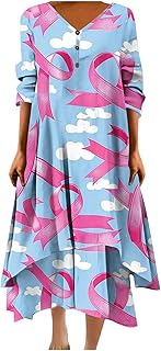 Breast Cancer Dress Women Funny Plus Size Casual Loose 3/4 Sleeve Button Down V Neck Midi Dress Elegant Swing Dress - Buy now