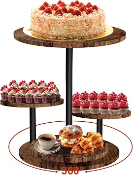 4 Tier Cupcake Tower Stand, 360  Rotatable Round Cake Holder Stand for Dessert Displaying, Rustic Wooden Iron Dessert Table for Weddings Birthdays Baby Showers Tea Parties, Round