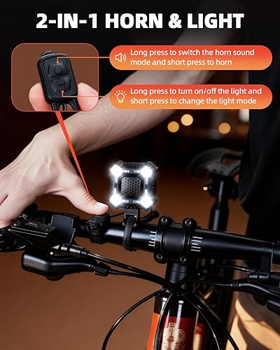 Miniatura 3 de WSDCAM Bocina de bicicleta de 140 dB con luz delantera y trasera, interruptor de control de campana de bicicleta 2 en 1, luz LED, recargable a
