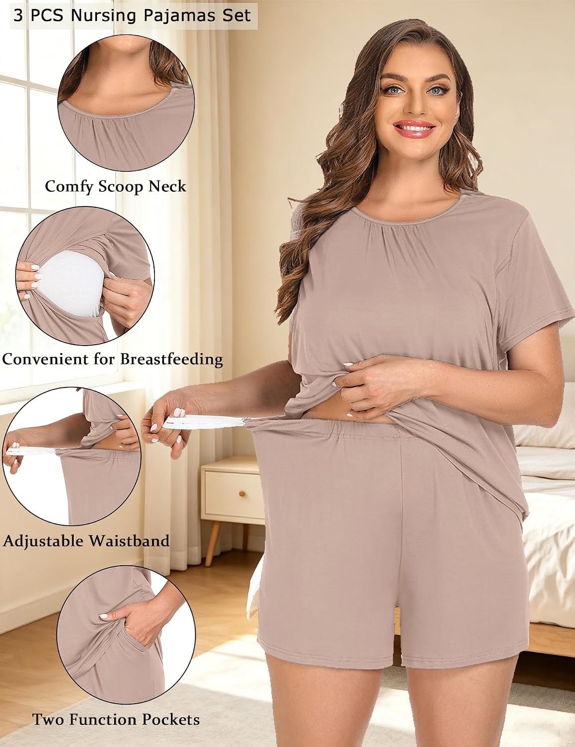 SWOMOG Women 3Pcs Maternity Pajama Set Nursing Pjs Pregnancy Set Breastfeeding Pjs Double Layer with Pockets image 5
