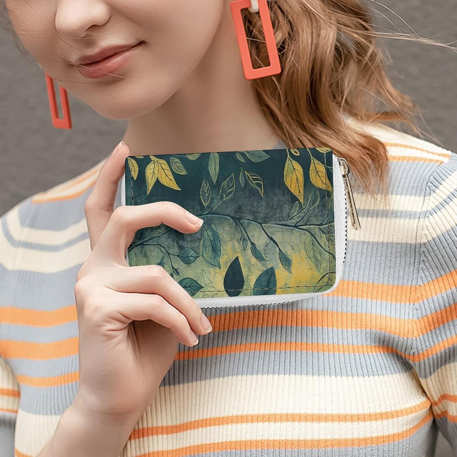 Leather Card Organizer Case Card Wallet Credit Card Holder Light Green Leaves Printed Zipper Card Cases Holder for Women Men