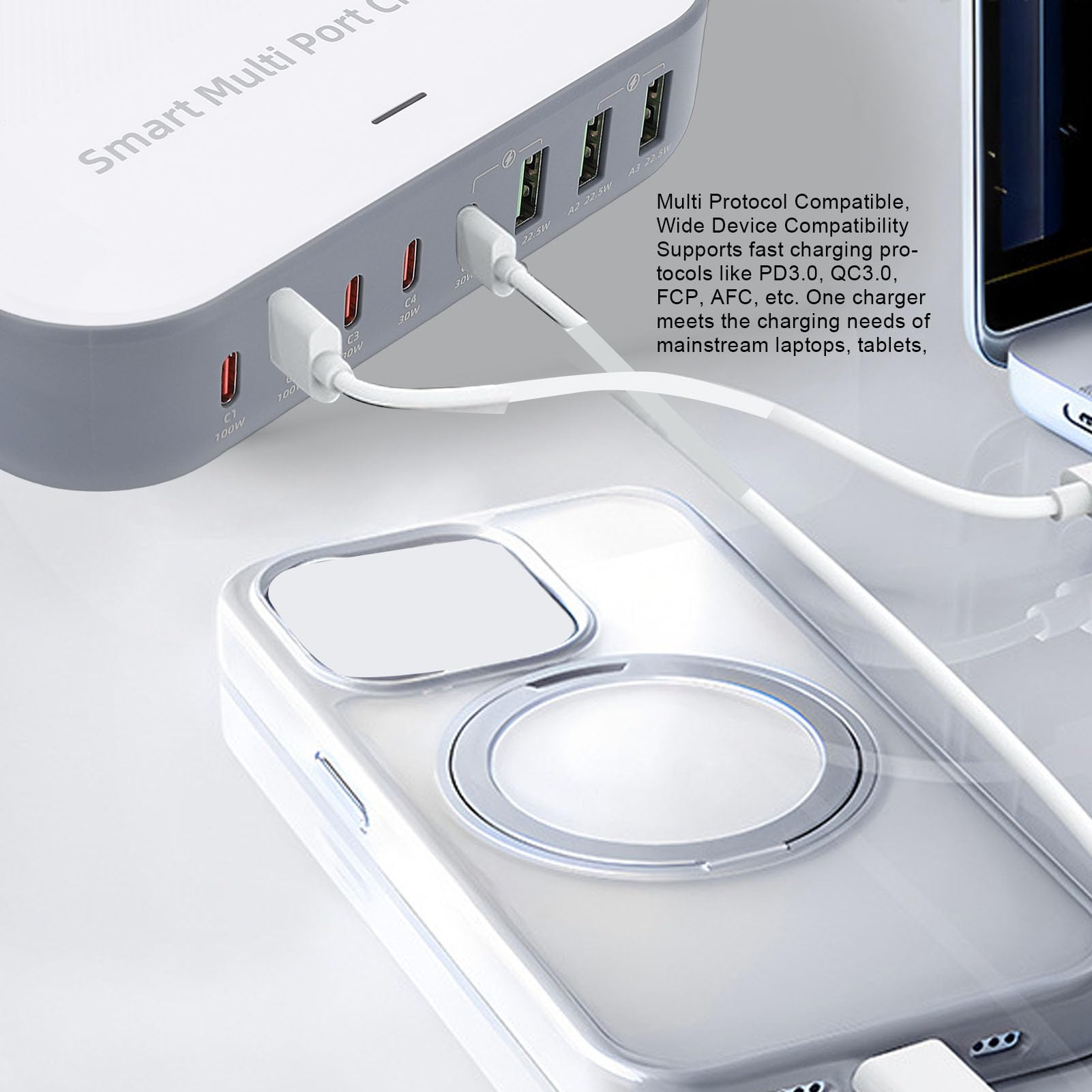 Ładowarka Biurkowa 200 W, 8-portowa Stacja Szybkiego ładowania USB z PD 100 W, Wieloportowa ładowarka USB C do Telefonu, Laptopa, Tabletu, Inteligentna Alokacja Mocy, (wtyczka UE)